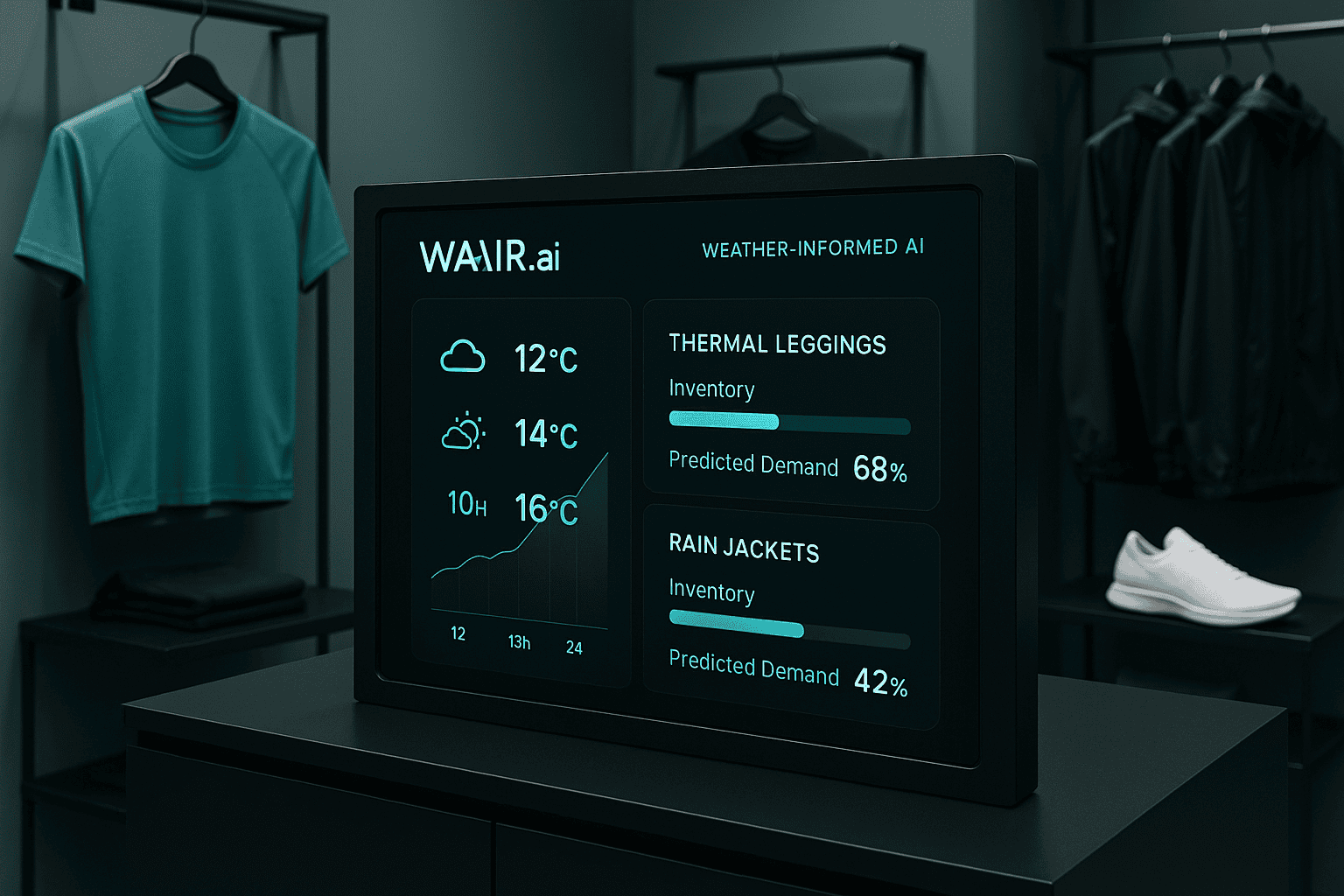 A digital WAIR.ai weather informed AI dashboard in a sportswear store showing temperature forecasts and predicted demand for thermal leggings and rain jackets.