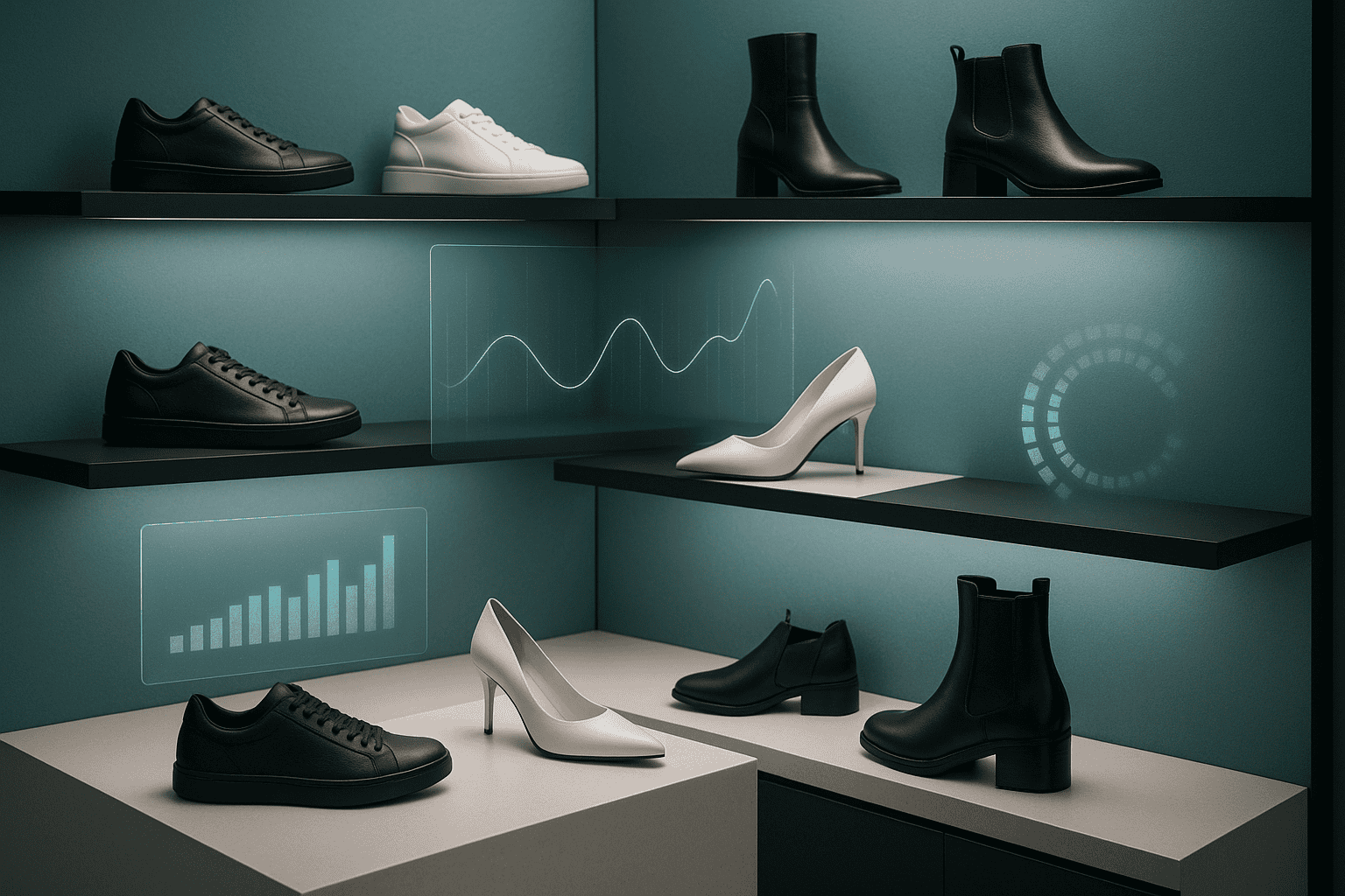AI driven footwear demand forecasting visualized with multiple shoe styles and digital trend graphs in a retail display.
