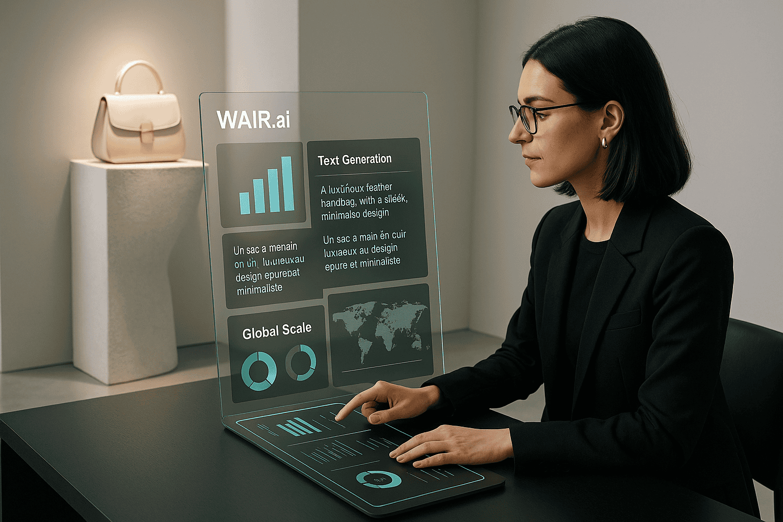 Business professional using WAIR.ai AI product storytelling interface to generate multilingual luxury product descriptions and analyze global content performance