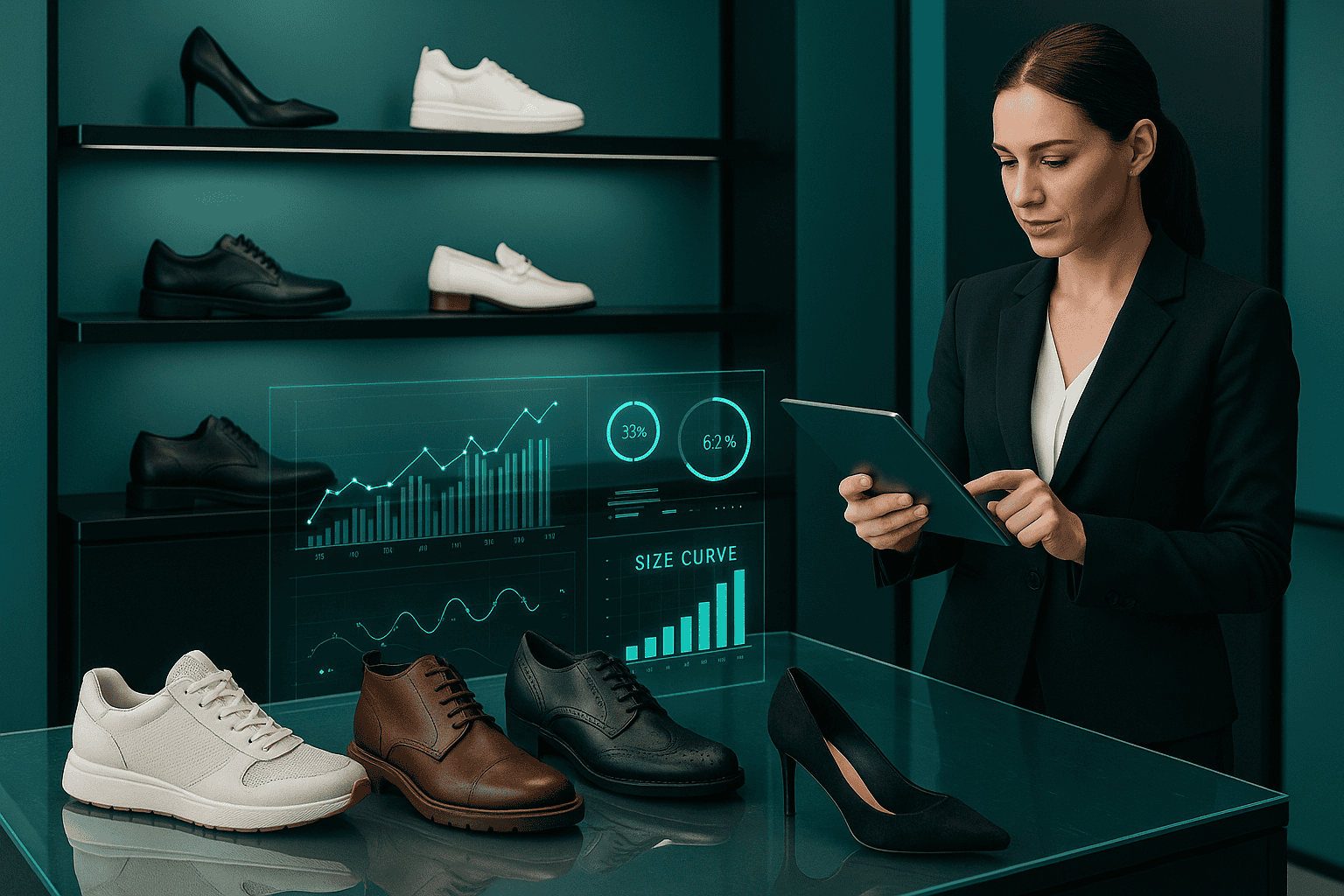 Business professional analyzing agentic AI footwear size curve data with various shoes displayed on shelves.