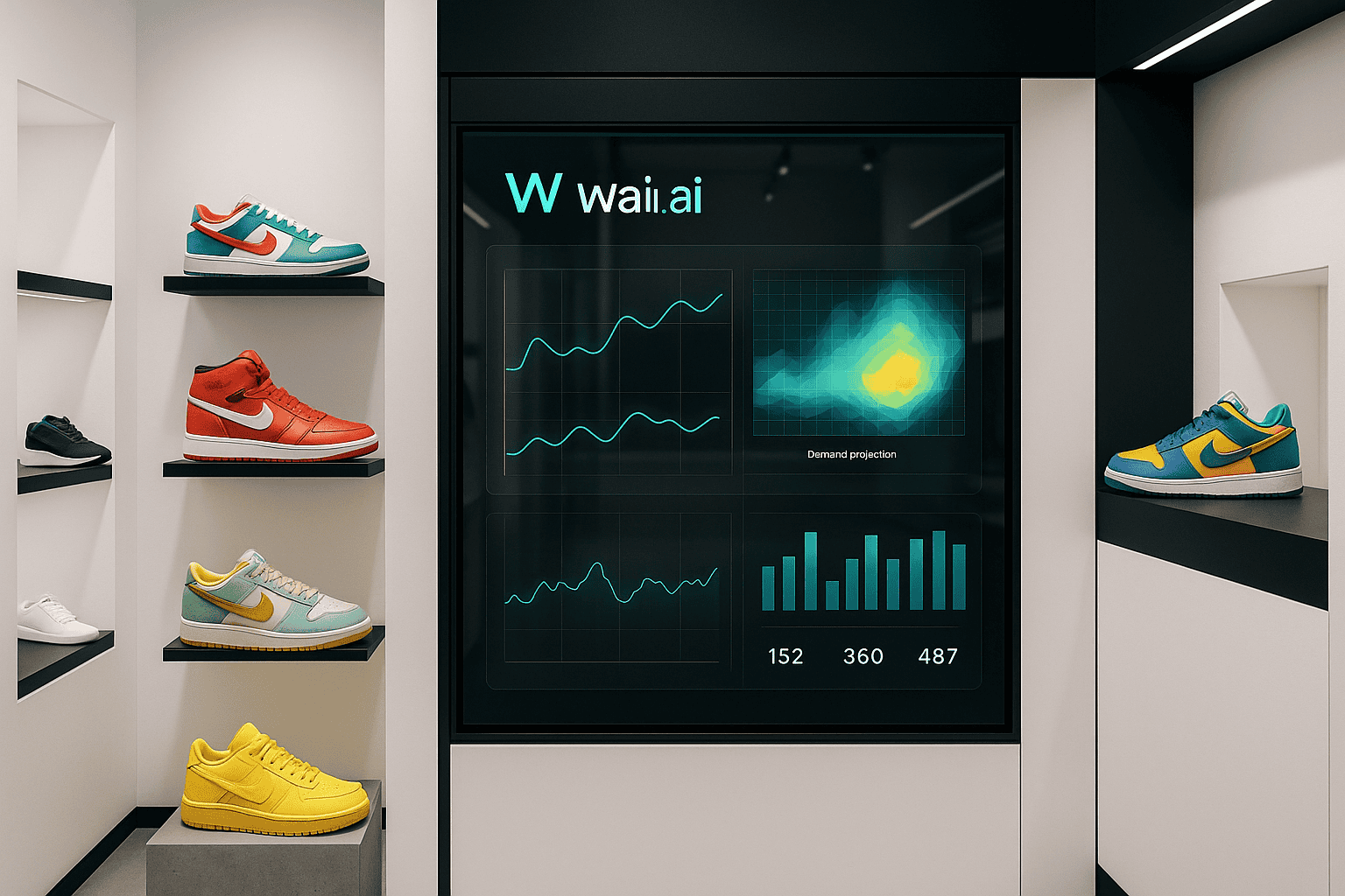 Display showing agentic AI demand projections next to limited edition sneakers in a retail environment