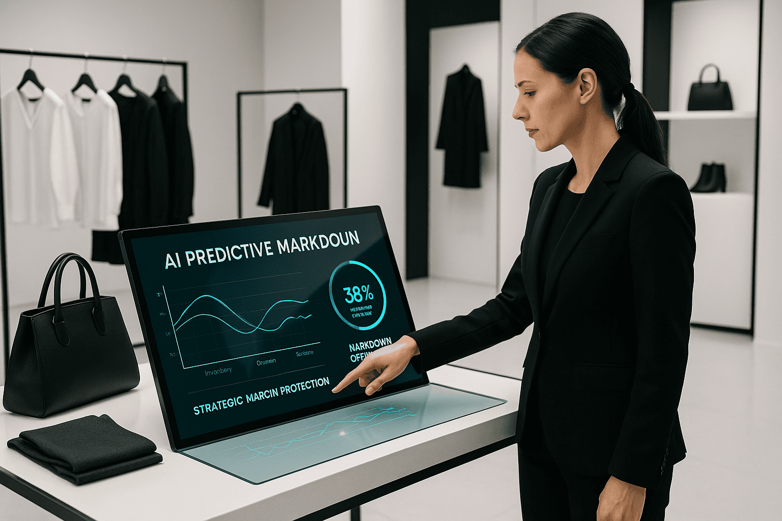 Businesswoman using AI predictive markdown tool to optimize retail margin