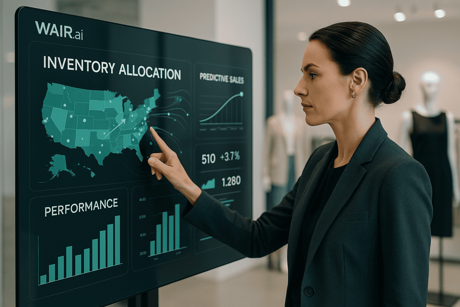 A business professional uses a large digital display showing WAIR.ai’s inventory allocation dashboard with a U.S. map, performance charts, and predictive sales data.