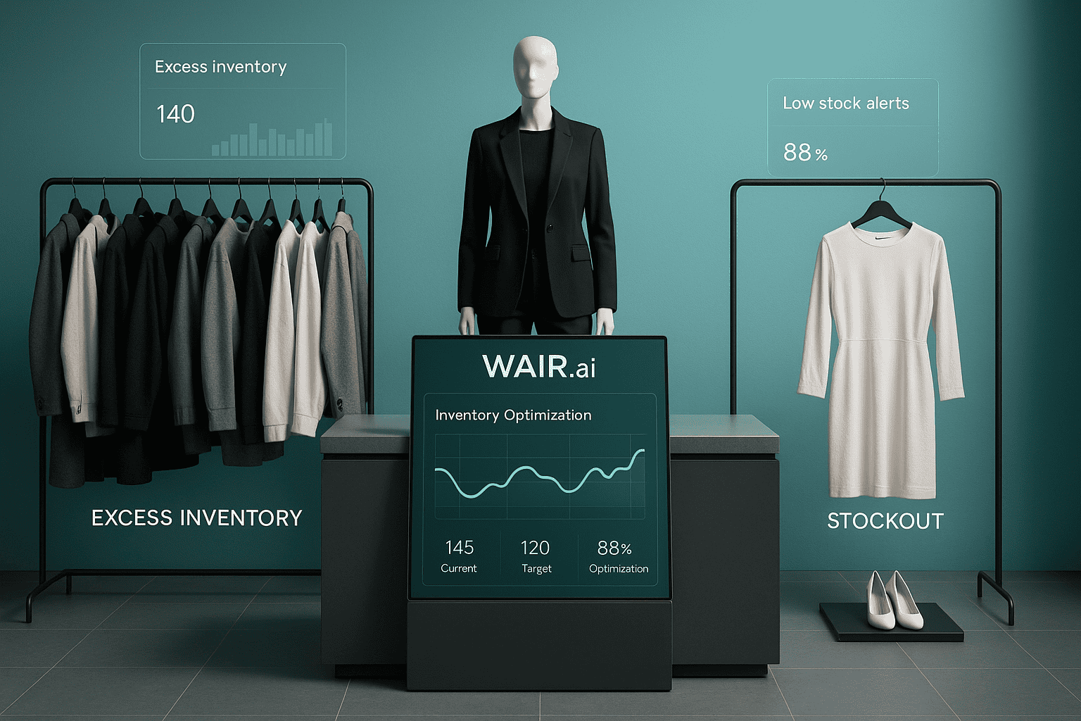 Retail inventory imbalance shown through excess inventory on one side and stockout on the other, with a WAIR.ai dashboard displaying inventory optimization metrics.