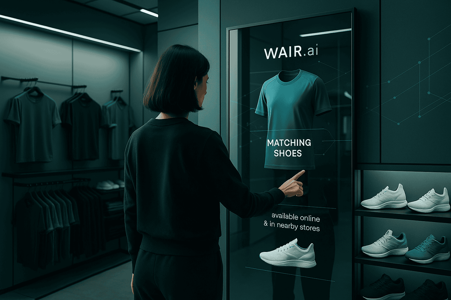 A shopper interacts with a WAIR.ai digital display recommending matching shoes for a sportswear outfit, showing an omnichannel AI system connecting online and in store inventory.