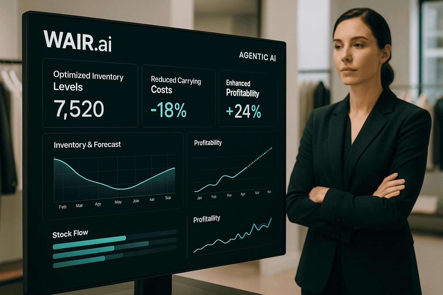 Business professional reviewing an agentic AI dashboard showing optimized inventory levels, reduced carrying costs, and improved retail profitability.