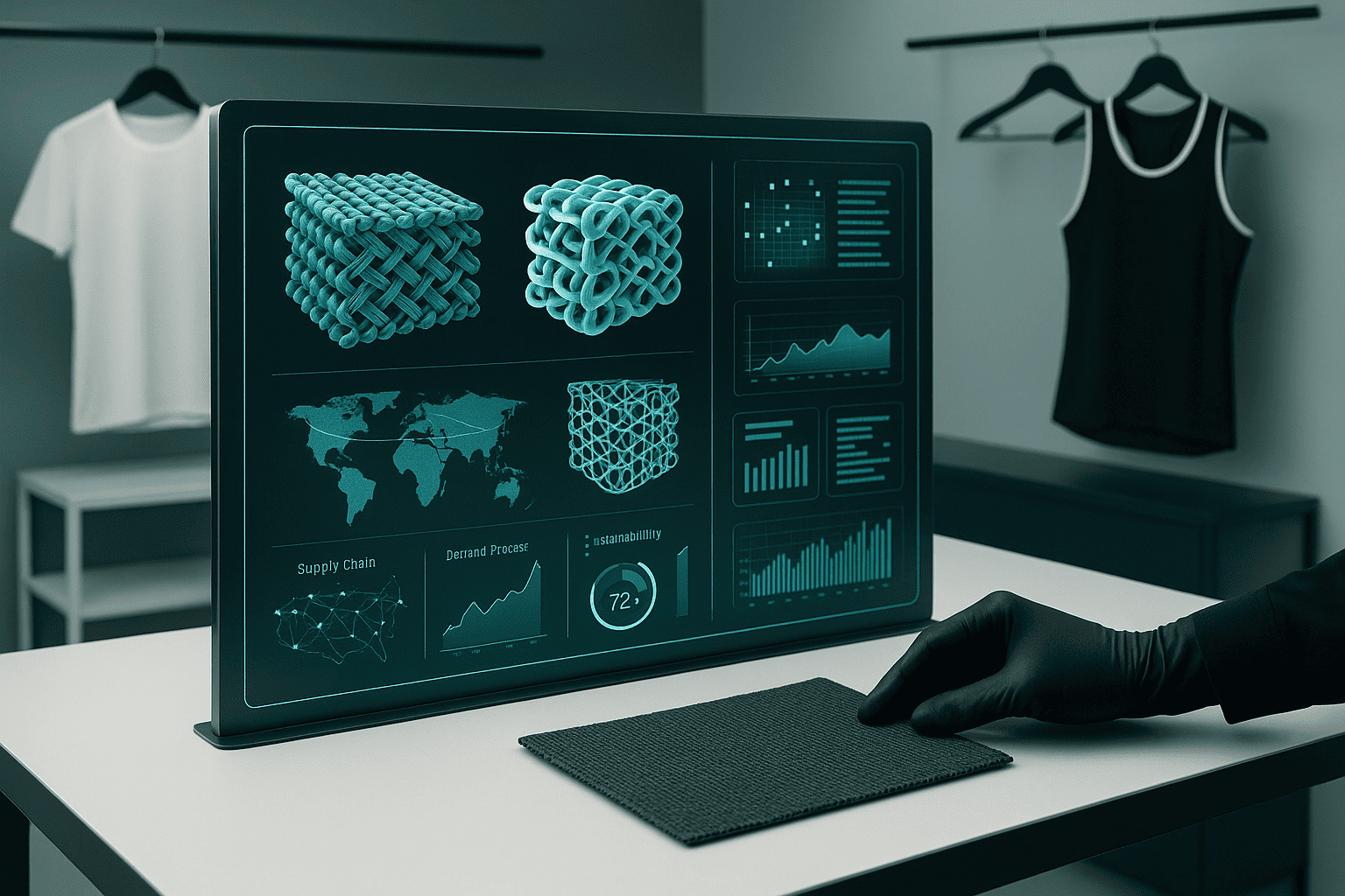 A sportswear expert evaluates a technical fabric sample while a WAIR.ai digital dashboard displays material structures, supply chain data, sustainability metrics, and demand forecasts.