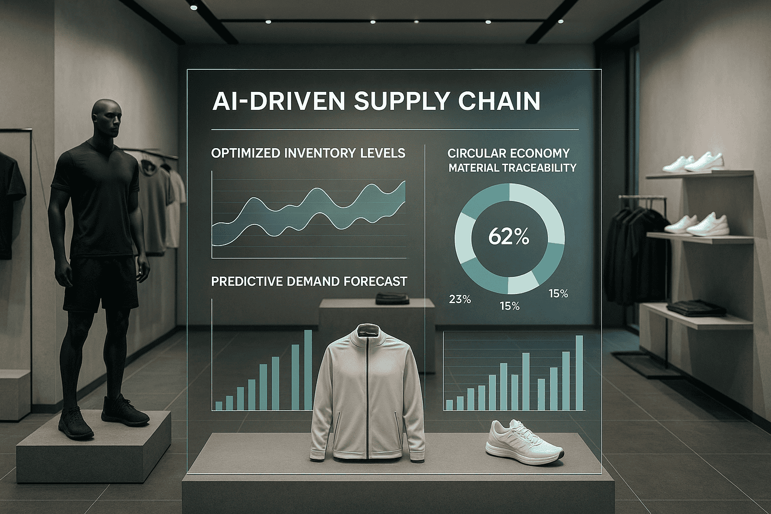 AI-driven dashboard visualizing optimized inventory levels and circular material traceability in a sustainable sportswear supply chain