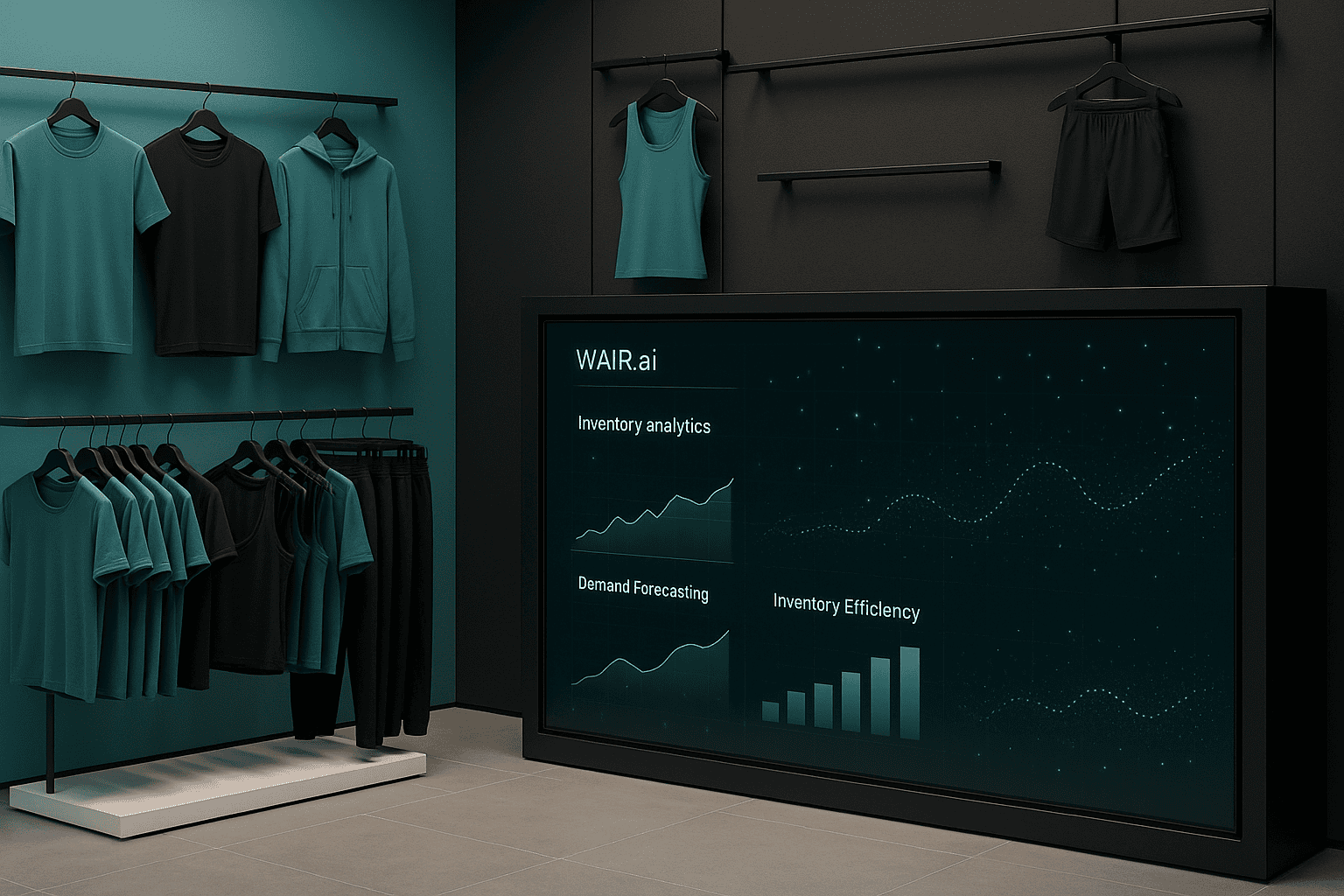 A sportswear store showcasing a WAIR.ai digital dashboard with inventory analytics, demand forecasting graphs, and inventory efficiency metrics next to neatly displayed athletic apparel.