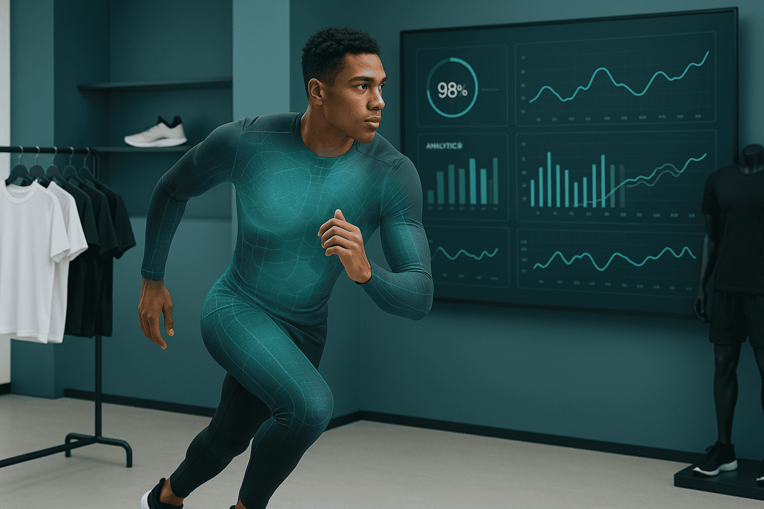 Athlete wearing performance AI sportswear during movement analysis with real-time data visualization on screen.