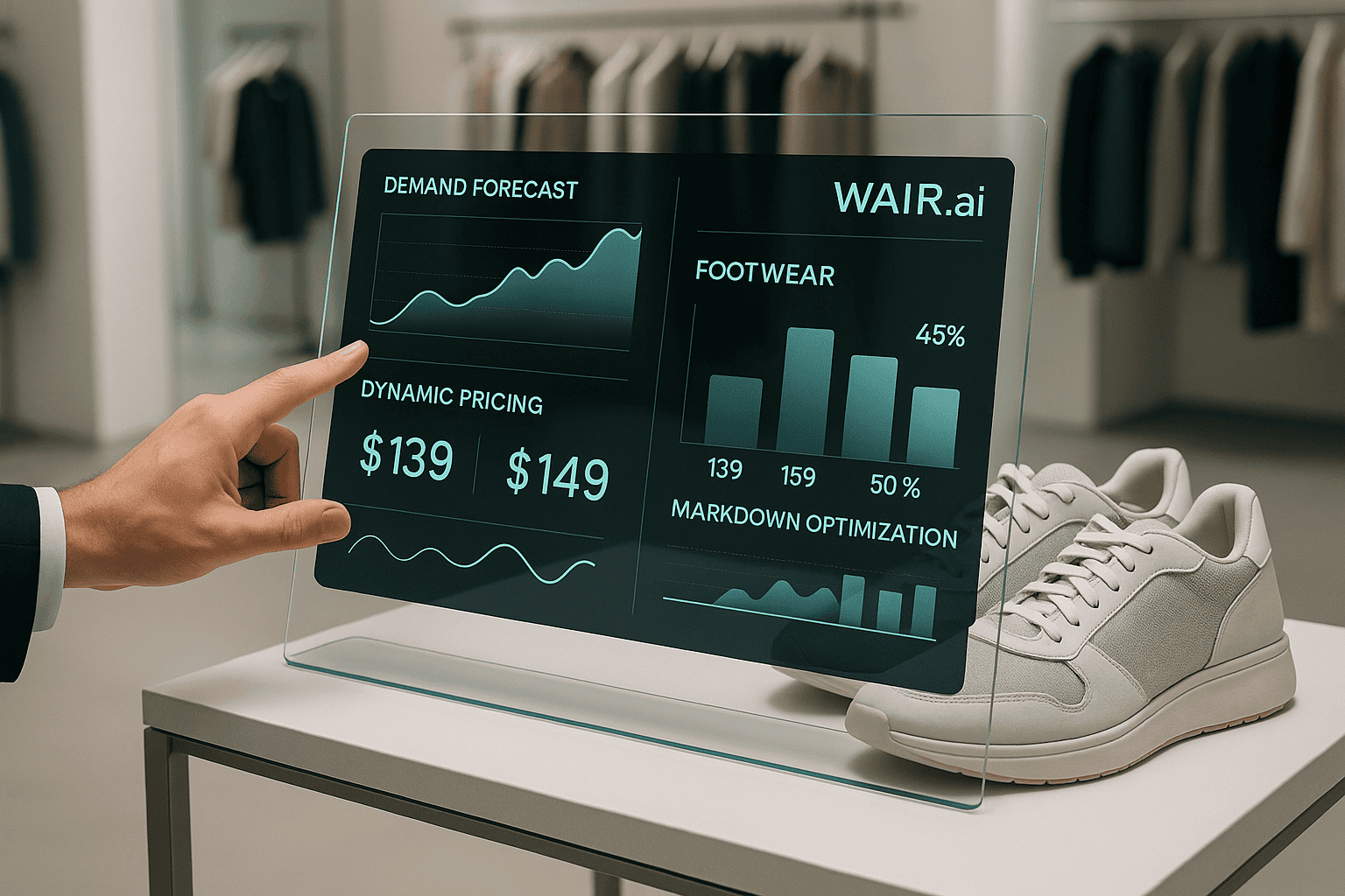 A transparent digital display showing AI driven demand forecasting, dynamic pricing, and markdown optimization metrics for footwear, with sneakers placed beside the screen in a retail store.