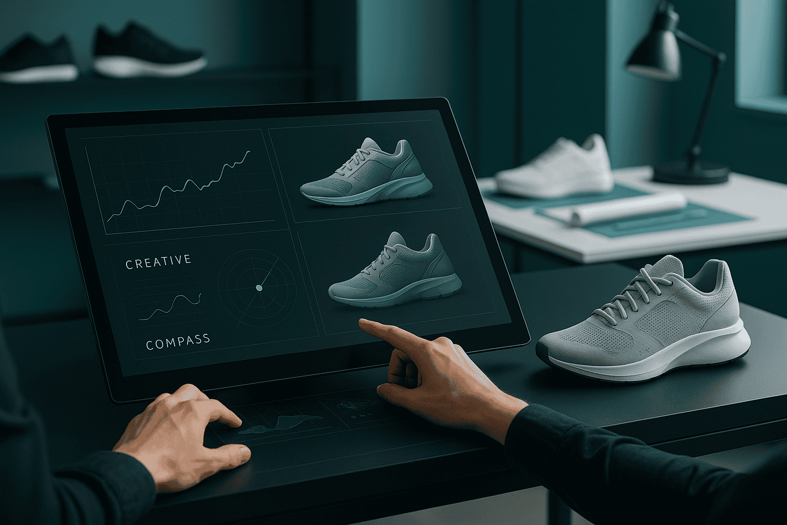 A digital tablet displaying AI generated footwear design concepts and trend analytics, with designers pointing at the screen next to a physical sneaker prototype.