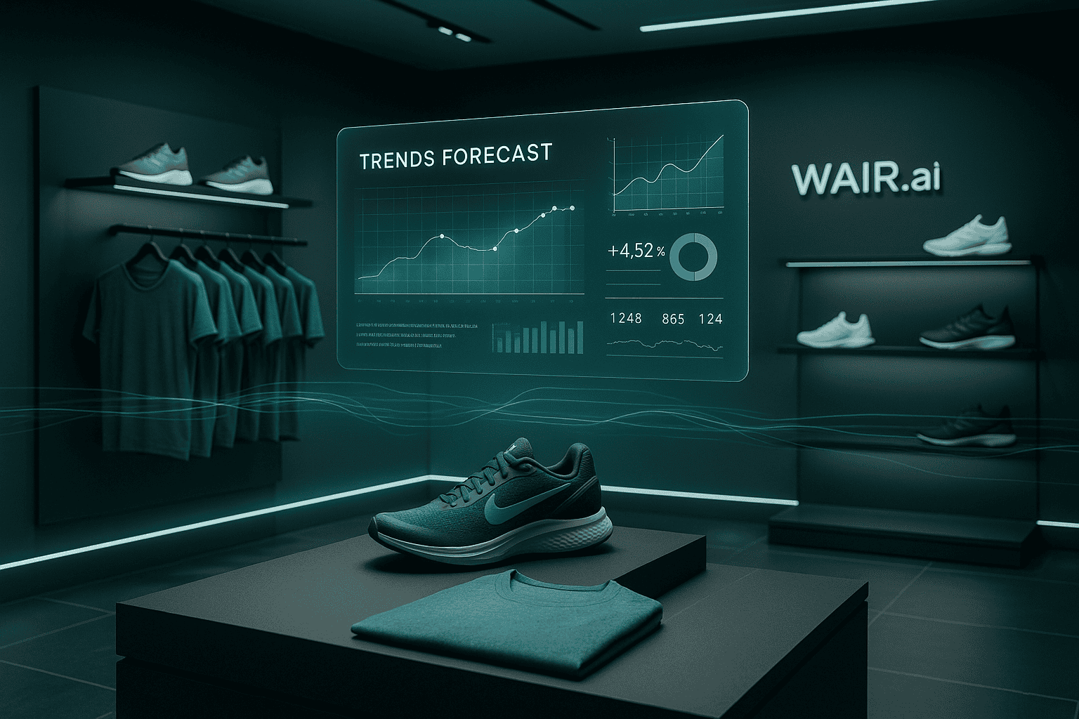 A sportswear store with a WAIR.ai trend forecasting display showing real time charts and analytics above running shoes and apparel, illustrating agentic AI sportswear drops insights.