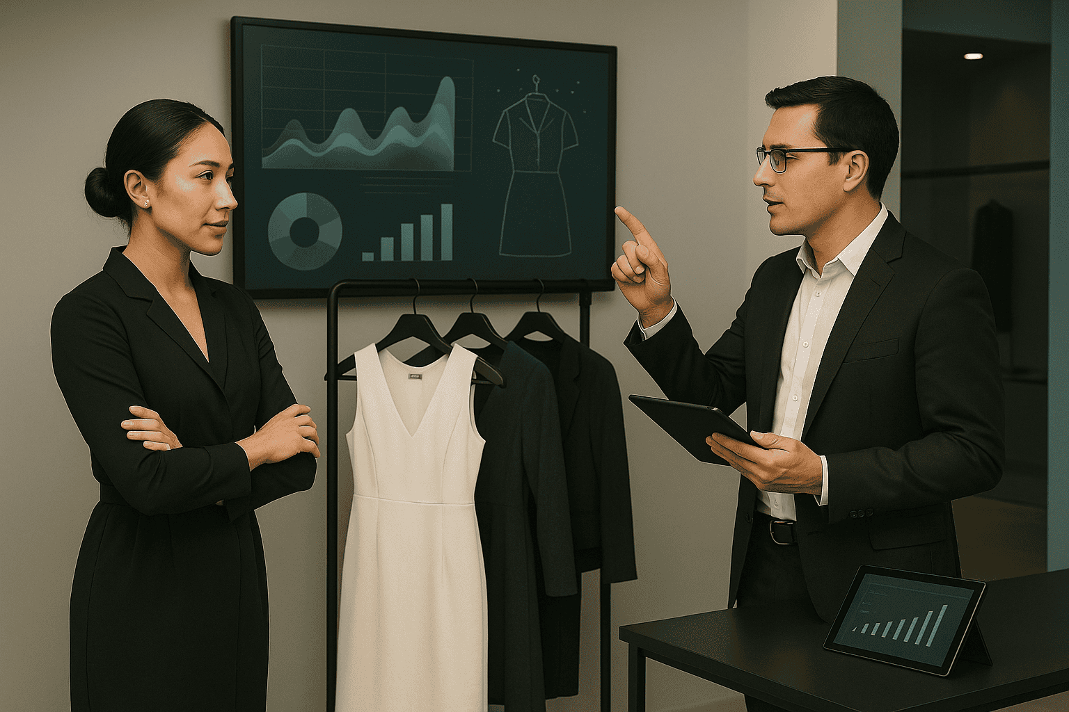 A fashion business meeting where two professionals discuss AI-driven fashion analytics, with data charts and clothing items in the background, representing the fusion of creativity and commercial strategy.